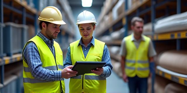 Workers inspecting cargo in bright warehouse