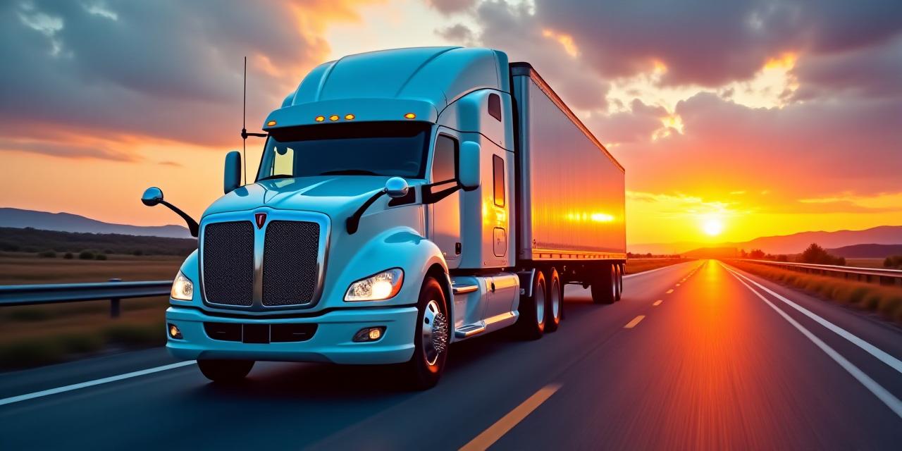 Commercial freight truck on sunset highway