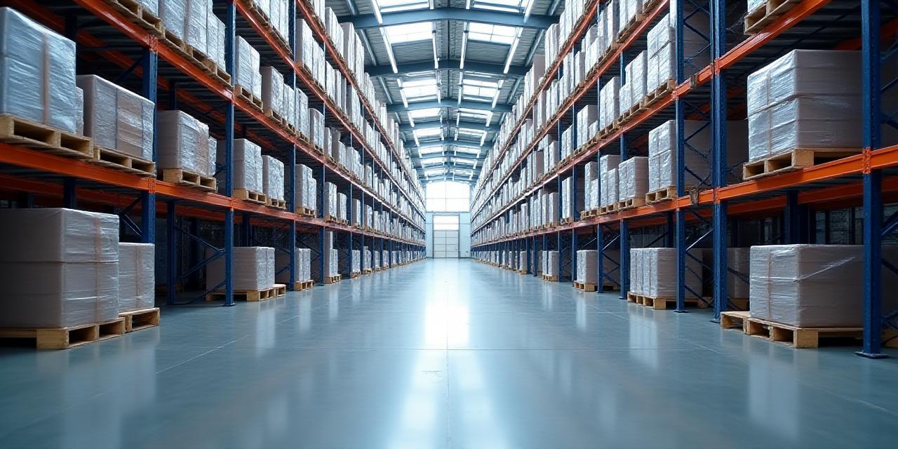 Modern logistics warehouse interior with organized high-bay shelving
